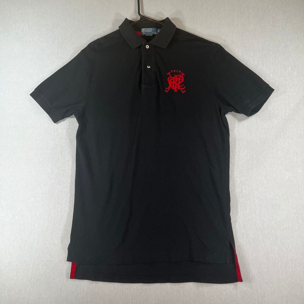 Polo Ralph Lauren Mens Medium Black Red Crest Logo Pique Shirt MW21A Y2K Preppy